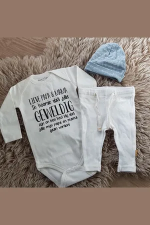 Merkloos Baby rompertje met tekst | Lieve Mama en papa Ik hoorde dat geweldig bent en ben heel blij dat mijn mama en papa gaat worden! ... ontmoeten! | lange mouw | maat 50-56 | aankondiging bekendmaking zwangerschap cadeau voor de liefste aanstaand