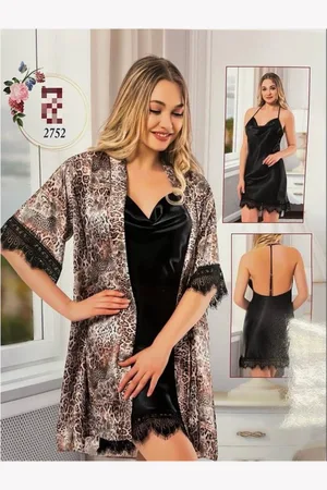 Merkloos Kimono- Nachtjapon- Luxe Pyjama set- Dames Nachtjapon- 2-delig dames kimono+nachtjurk met kanten 2752-