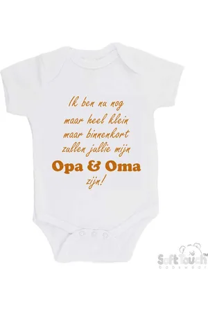 Merkloos 100% katoenen Romper "Ik ben nu nog maar heel klein maar binnenkort zal jij mijn opa & oma zijn!" Unisex Katoen Wit/tan