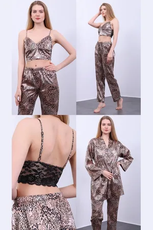 Merkloos Satijn 3 -Delige Zomer - Pyjamaset Luipaard Design / Kimono Ochtendjas Cadeau