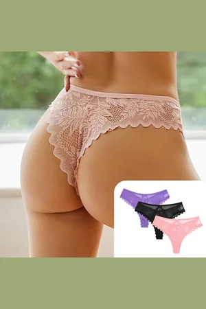 Merkloos 3 Pack - Sexy Brazilian Dames String - Kant - Paars, Roze en Zwart - Dames Lingerie / Ondergoed Set