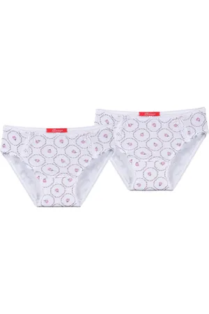Hanssop Exclusief Luxueus Kinder nachtkleding , Meisjes, Katoenen ondergoed slipjes set, twee super zachte luxe licht roosjes design slipjes gemaakt van verfijnd lief ajour katoen met bijpassend uniek satijnen strikje met een pareltje, maat 116