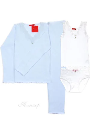 Hanssop Exclusief Luxueus Kinder nachtkleding , Luxe licht blauwe pyjama set met bijpassende wit ondergoed setje, maat 116