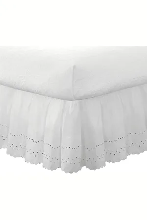 Merkloos Oogje Bed Rok Stof Ruche Geborduurde Details Klassieke California King Wit - 14 inch druppel lengte - Verzamelde Styling