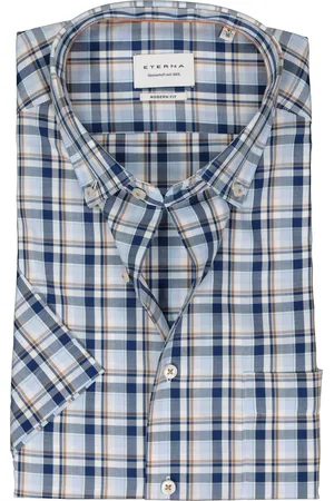 ETERNA Modern fit overhemd korte mouw - twill - turquoise geruit - Strijkvrij - Boordmaat: 41