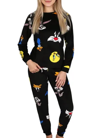 LOONEY TUNES Zwarte damespyjama, pyjama met lange mouwen, tweedelig, warm, gezellig / S