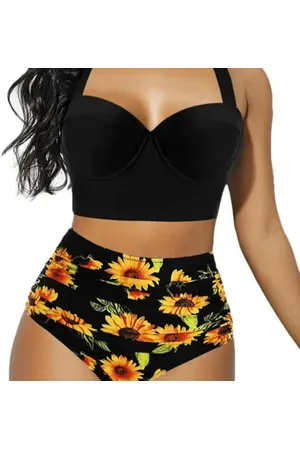 Merkloos Push up bikini set - Hoge taille - Sexy look - Zwemkleding vrouwen - Bloemenprint - Zeer goede kwaliteit - Rood - oranje - Blauw