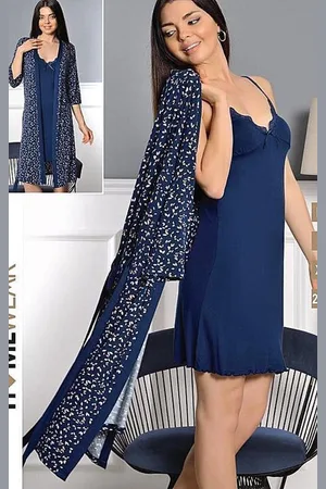 Merkloos Dames nachthemd met kamerjas - viscoseset voor dames- chemise met badjas- XL
