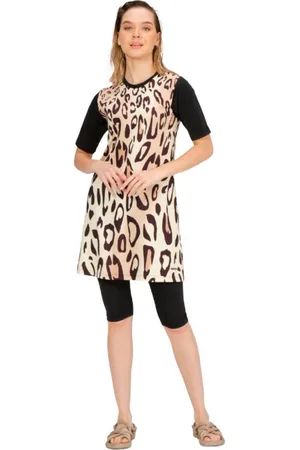 Merkloos Burkini Islamitisch Zwempak- Zwemjurk met legging- Burkini- 2-delig Boerkini hijab badpak - Burqini Badmode- Vrouwen Badkleding- Camel met print
