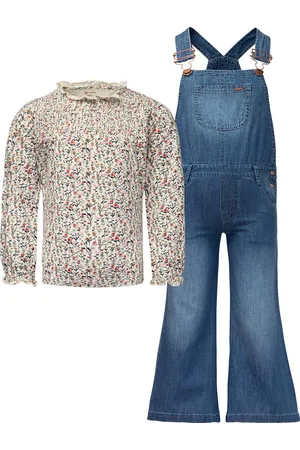 Noppies Kledingset - Seventies look - Meisjes - 2 delig - Tuinbroek Gothenburg Medium wash - Blouse Goma Antique White met bloemetjes