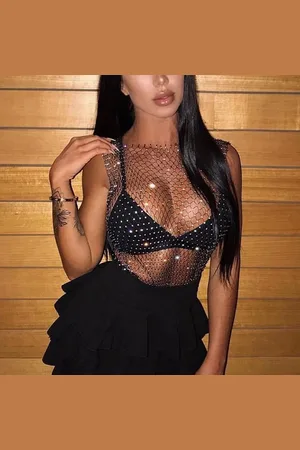 Merkloos Cover up Rhinestone Crop Top Shirts | Sexy Visnet Topje Voor Vrouwen | - M