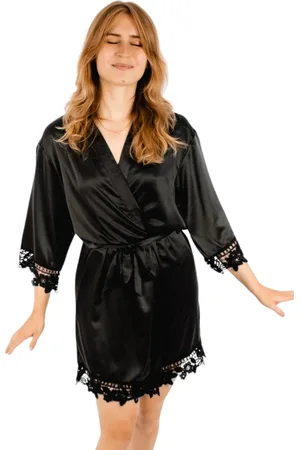 Merkloos Moondrops - Kimono dames - L/XL - 100% Satijn met kant - Bruiloft - Bride - Ochtendjas - Badjas - Cadeau voor haar