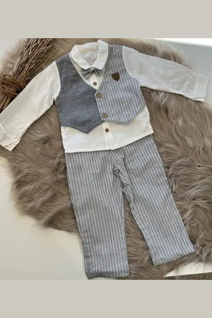 Merkloos Luxe drie delige katoenen set- hemd, broek, vastgenaaide gilet,vlinderdas- linnen/katoenmix- -grijsblauw-feestoutfit-bruiloft-fotoshoot-verjaardag-doopsel-4 jaar