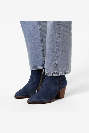 Manfield Dames - Blauwe denim enkellaarsjes met hak