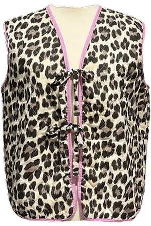 Merkloos Dames Gilet cotton katoen geknoopt strik knotted luipaard panter print roze