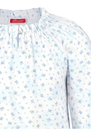Hanssop Exclusief Luxueus Kinder nachtkleding Luxe mooi zacht blauwe Girly Nachthemd van met verfijnde rand details en luxe hals verwerking, Meisjes nachthemd, zacht blauwe bloem print, maat 116