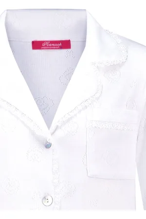 Hanssop Exclusief Luxueus Kinder nachtkleding Luxe mooie zacht frisse witte Girly Pyjama van met verfijnde kant rand details en een luxe kraag verwerking, Meisjes Pyjama, zacht in een ajour bloem design, maat 116