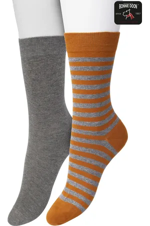 Bonnie Doon Sokken Set Gestreept en Effen voor Dames Bruin/Grijs maat 36/42 - Set met 2 paar Sokken - Strepen - Katoen Sok - Gladde Naden - Brede Boord - Perfecte Pasvorm - 2-pack - Multipack - Oranje - Anthracite Heather - - OL041101.367