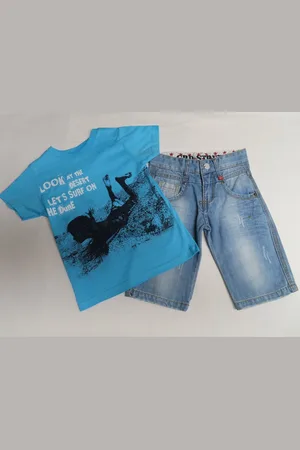Merkloos Ensemble - Jongens - T shirt blauw + jeans bermuda - 3 jaar 98