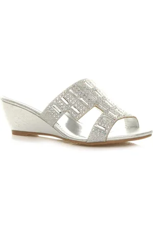 Merkloos Sandalen lage hak dames - Wedge peeptoe diamante muilezels - Zilver