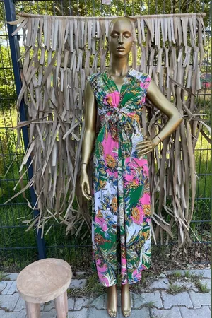 Merkloos Lange Zomerjurk Morena Fantasieprint Groen Roze - One Size