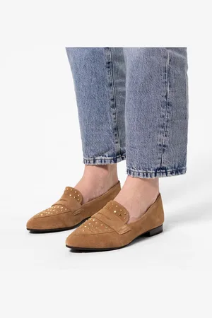 Manfield Dames - Cognac suède loafers met gouden studs