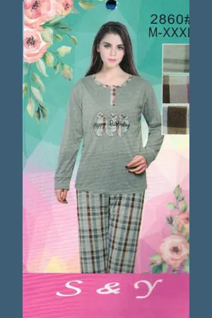 Merkloos Dames Luxe Pyjama | 2-delige Set | Lange Mouwen | Pyama Dames Volwassenen | Poesjes| Happy Birthday | Katoen | Pyjama Dames |