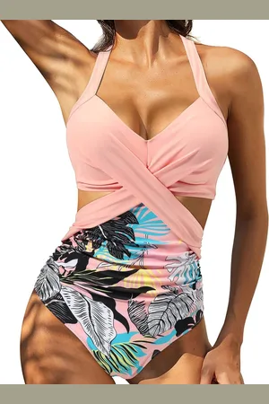 Merkloos Damesbadpak uit één stuk/grote maat zwempak met V-hals/sexy bikinicover-up met print, broekje + luipaardprint XL