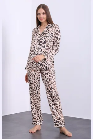 Merkloos Satijn Dames Pyjama- Luxe Pyjamaset- Lingerie- Sexy- Nachtkleding Luipaard Print