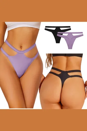 Merkloos 2 Pack - Sexy Dames String - Lila & Zwart - Naadloos - Dubbele Heupbandjes met Kant - Dames Lingerie / Ondergoed Set