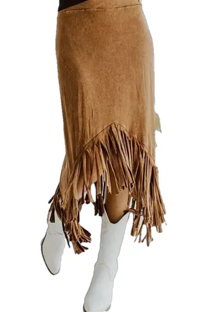 Merkloos Dilena fashion rok lang western franjes suedine