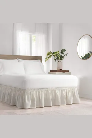 Merkloos Solide elastische omslag rond bedrok met stofruches - gemakkelijk aan en uit te trekken - 18 inch druppel - koningin/koning - ivoor Corner Bed Skirt