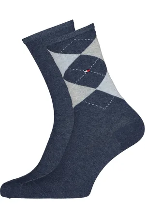 Tommy Hilfiger Damessokken Check (2-pack) - uni en geruit katoen - jeansblauw met grijs
