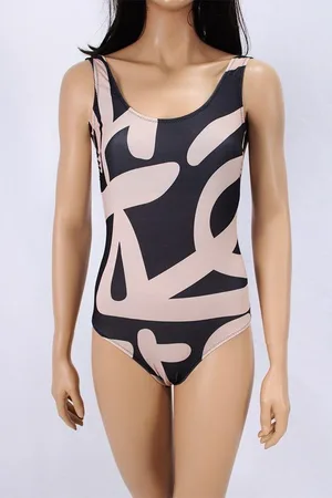 Merkloos Dames Badpak- Elegante Zwempak- Badkleding Strandkleding Zwemkleding Badmode 410- Zwart camel details