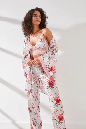 Merkloos AMARANTA- Cadeau-Satin 3 Piece Nightgown Set- 3 stuk Satijnen Pyjama set-Roze/Ecru kleur-maat S