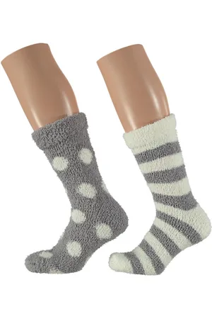 Apollo Dames bedsokken/huissokken 2-pack wit/grijs stippen/strepen print one size - Slaapsokken - Slofsokken