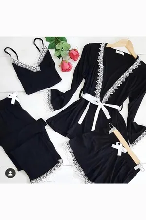 Merkloos Dames Katoen Pyjama | 4-delige set | Katoen nachtkleding | Katoen nachthemd | Elegant Katoen Ochtendjas | Cadeau voor dames | kleur: | maat: M