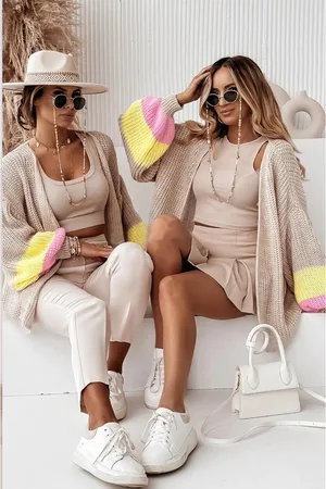 Merkloos Vest Roze Gestreepte Ballon Mouwen - Open Dames Vesten -Winter Fashion - Cardigans