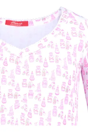 Hanssop Exclusief Luxueus Kinder nachtkleding Luxe mooi zacht Girly Nachthemd van met verfijnde rand details en luxe mouw verwerking, Meisjes nachthemd, parfum flesjes print, maat 104