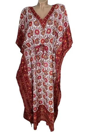 Merkloos Kaftan bloemenprint 1081 met aantrekkoord onesize 36-50 rood/wit/geel