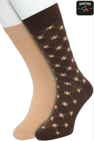 Bonnie Doon Heren Sokken set Bruin maat 40/46- 2 paar - Effen - Diamant Ruit - Print - Gladde Naden - Brede Boord - Uitstekend Draagcomfort - 2-pack - Multipack - Effen - Little Diamonds - Donkerbruin - Lichtbruin - Sand - Bracken - OL2225052.497