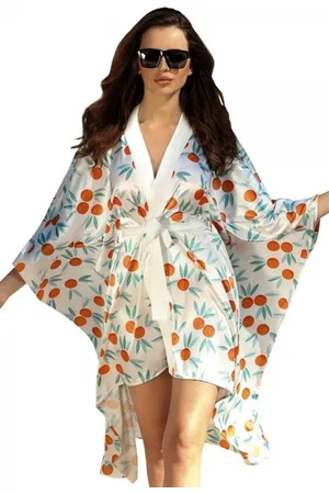 DKaren Mooie satijnen kamerjas - kimono met oranje print - cadeau vrouw XL