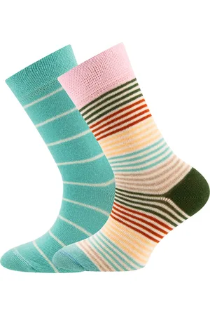 Ewers 2-Pack Kindersokken - Set van 2 paar - Aqua/Turquoise Gestreept en Multicolour Streepjes-27/30