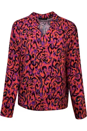 Merkloos Pink Lady dames blouse - blouse dames v-hals - /roze print - opstaande kraag - M211 - maat S