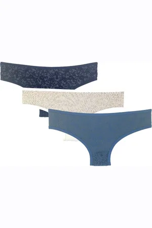 Merkloos 3 stuks Dames slips - bloemen- marineblauw-ecru-lichtblauw