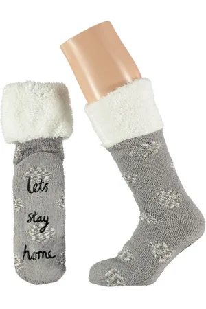 Apollo Grijze meisjes bedsokken/huissokken anti-slip Lets Stay Home maat 20-24 - Kinder sokken