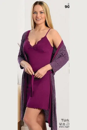 Merkloos Dames nachthemd met kamerjas - viscoseset voor dames- chemise met badjas- XXL