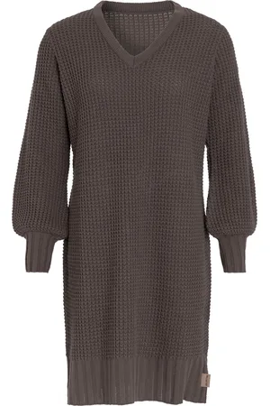 Knit Factory Robin Dames Jurk - Gebreide Trui Jurk - Wollen jurk - Herfst- & winterjurk - Wijde jurk - V-hals - - 40/42 - Knielengte