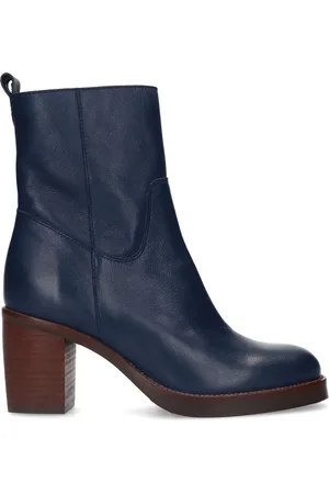 Manfield Dames - Blauwe leren enkellaarsjes met hak