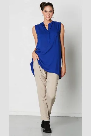 Merkloos Dames blouse tuniek indigo volwassen mouwloos viscose luxe chic maat 38